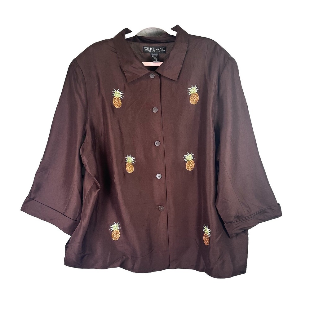 SILK LAND Woman 100% Silk Light Jacket Brown Base Embroidered Size 3X Button Up